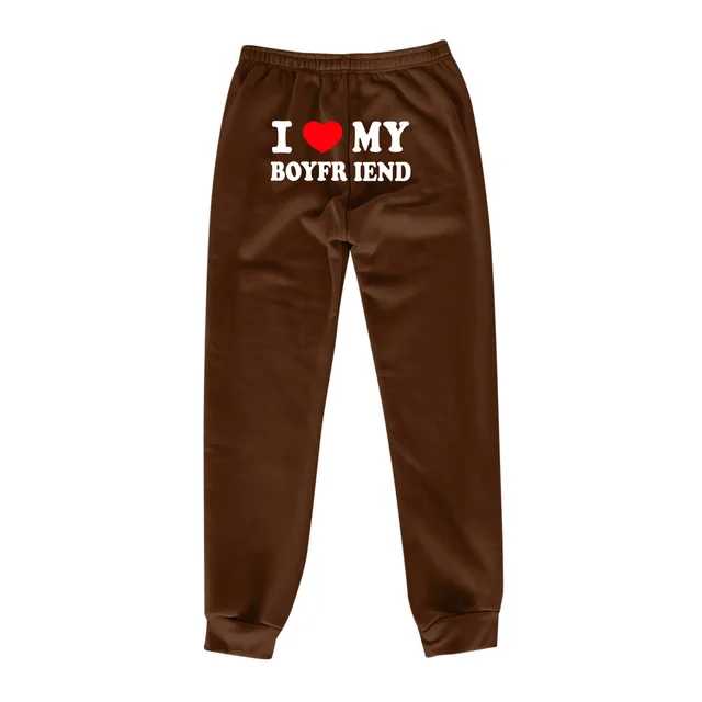 I Love MY BOYFRIEND Printed Trousers Casual Sweatpants Men And Women Sports Pants Dark Coffee Color Back Picture - Shop at LoveMi