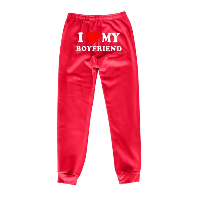 I Love MY BOYFRIEND Printed Trousers Casual Sweatpants Men And Women Sports Pants Red Back Picture - Shop at LoveMi