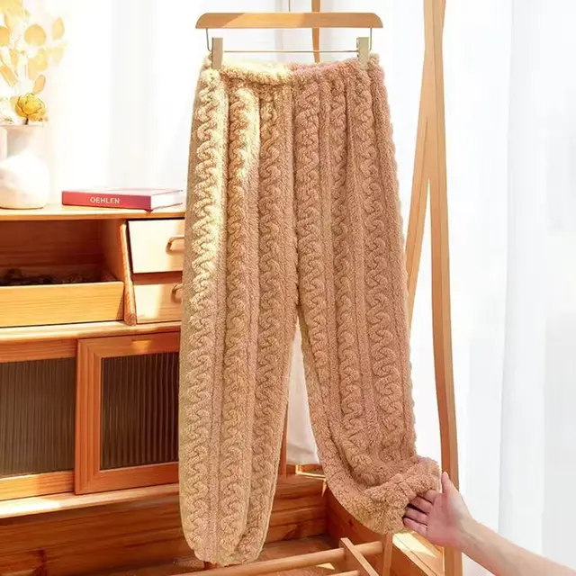 Pajamas Women's Polyester Trousers Coral Fleece Thickened Warm Pants - Brown