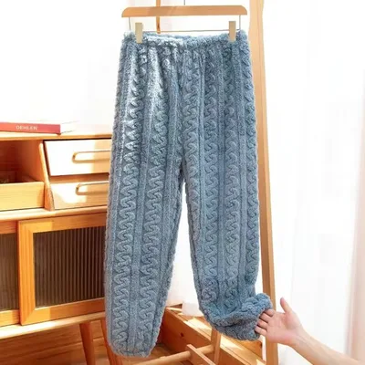 Pajamas Women's Polyester Trousers Coral Fleece Thickened Warm Pants Sky Blue - Shop at LoveMi
