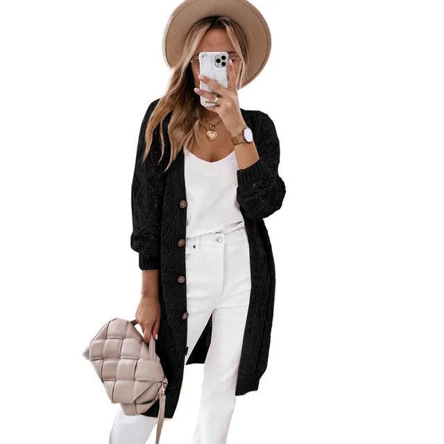 Versatile Buttons Hollow out Long Cardigan For Women Black - Shop at LoveMi