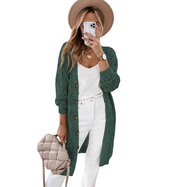 Versatile Buttons Hollow out Long Cardigan For Women Green - Shop at LoveMi