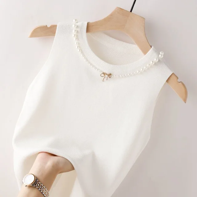 Beaded Ice Silk Camisole Women's Spring And Summer Inner Wear Fashion Slim Fit White Bow Beaded - Shop at LoveMi