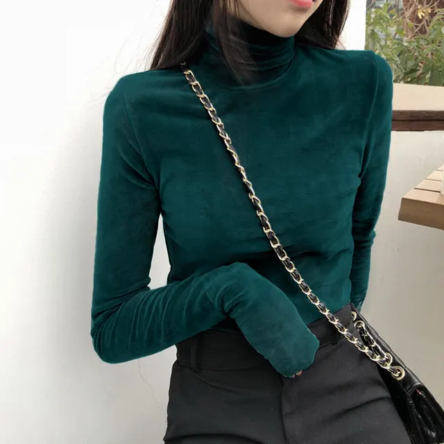 Women's Gold Velvet Turtleneck Bottoming Shirt All matching Thickened Inner Wear Dark Green - Shop at LoveMi