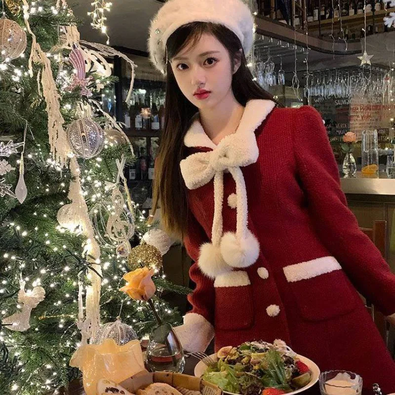 Women's Winter Christmas New Year Red Woolen Coat Red - Shop at LoveMi