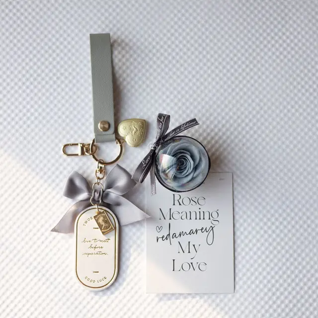 Preserved Flower Keychain Leather Bookmark Pendant Gray White Smoky Rose - Shop at LoveMi