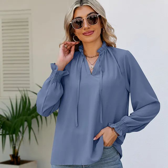 Women's Loose Soft Shirt Lace up Chiffon Shirt Gray And Blue - Shop at LoveMi