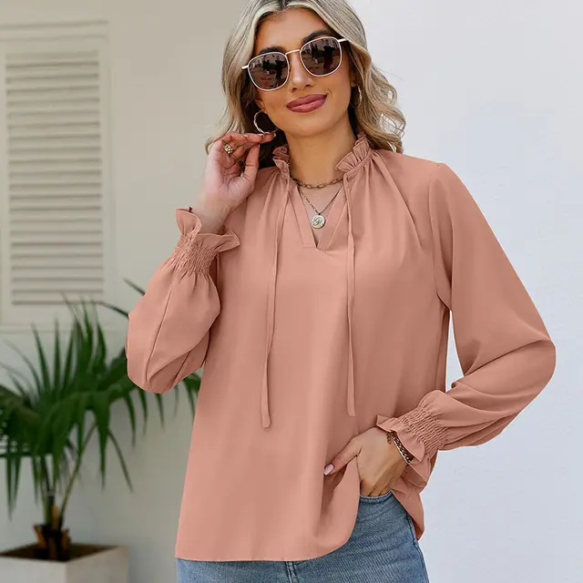 Women's Loose Soft Shirt Lace up Chiffon Shirt Pink - Shop at LoveMi