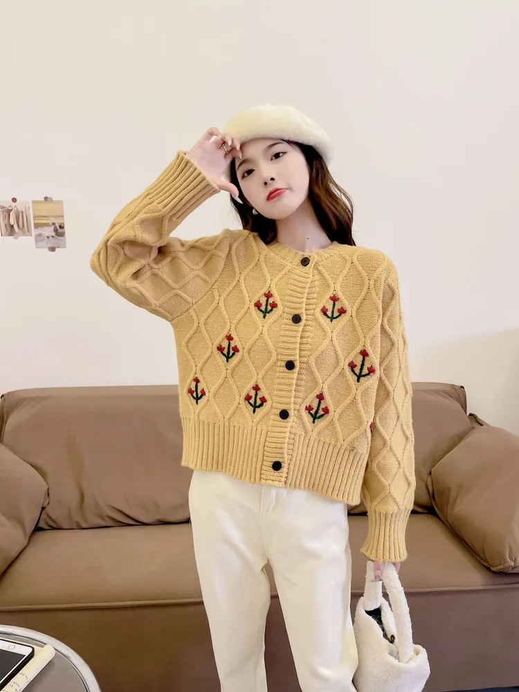 Winter New Lazy Wind Twist Round Neck Sweater Yellow - Shop at LoveMi