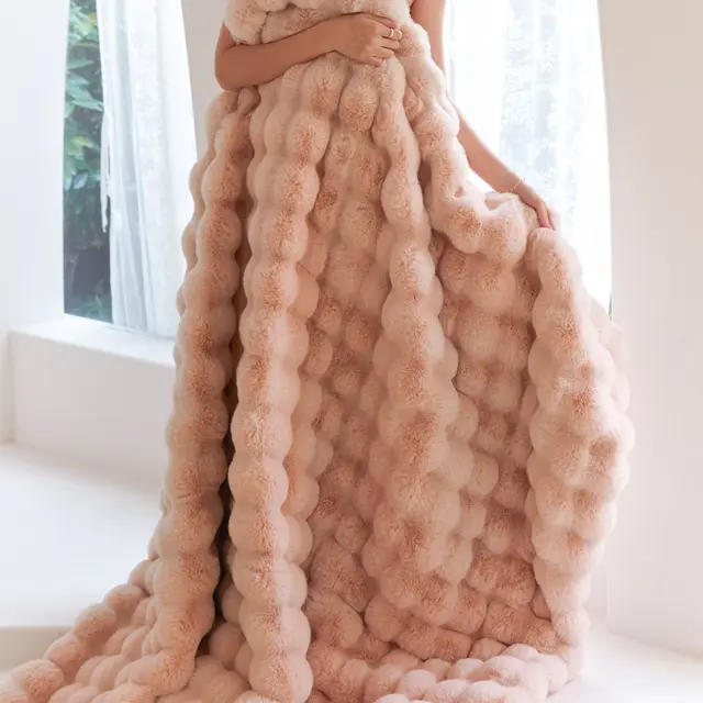 Polyester Carpet Rabbit Bubble Velvet Thickened Nap Blanket Quilt Cherry Blossom Powder - Shop at LoveMi