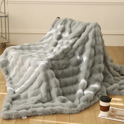 Polyester Carpet Rabbit Bubble Velvet Thickened Nap Blanket Quilt Light Gray - Shop at LoveMi