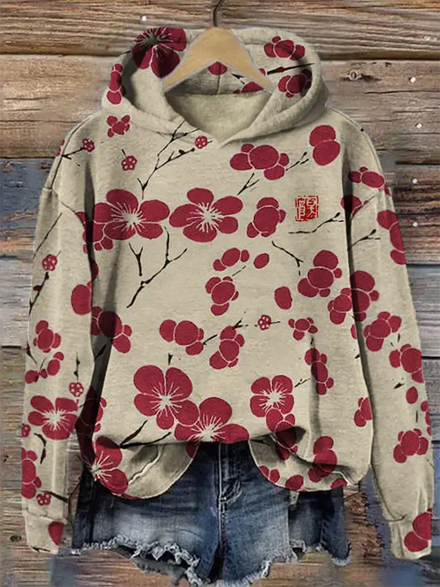 Fashion Spring And Autumn Plum Blossom Hooded Super Plus Size Loose fitting Casual Pullover Red - Shop at LoveMi