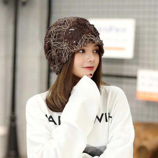 Polyester Lace Three Flowers Toque Sweet Temperament Sleeve Cap Coffee - Shop at LoveMi