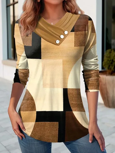 Women's Geometric Stitching Contrast Color V neck Top Style 6 Xxxxl - Shop at LoveMi