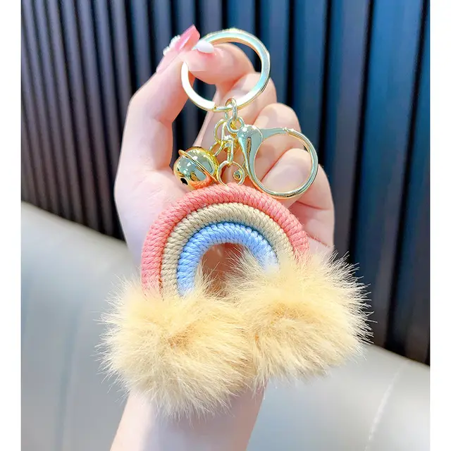 Woven Rainbow A Little Cloud Fur Ball Car Key Ring Orange - Shop at LoveMi
