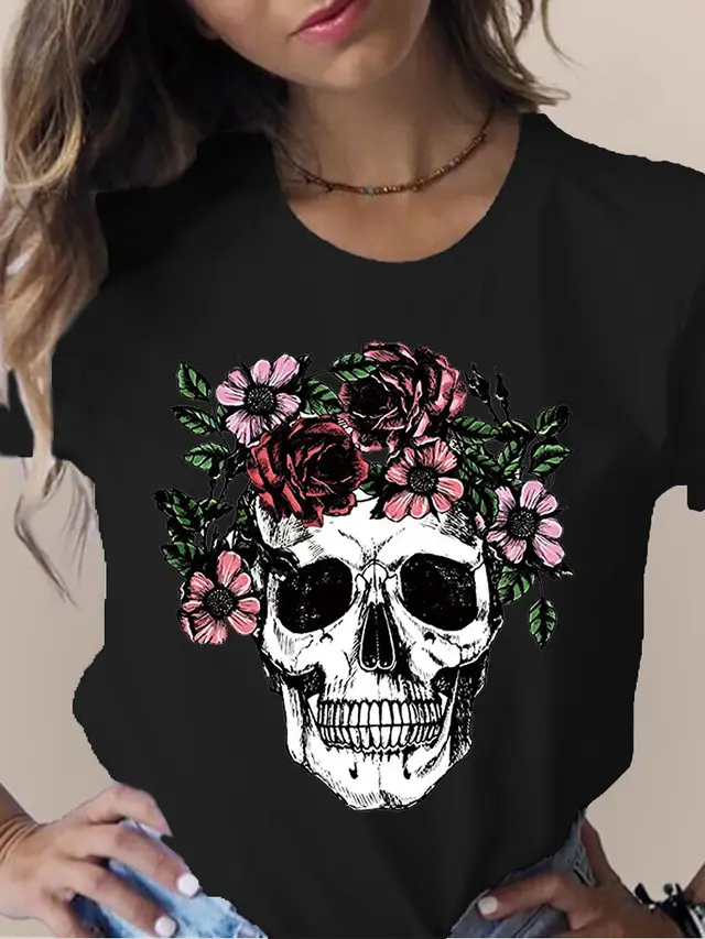 Women's Skull Flower Printed Round Neck Short Sleeve T shirt Black 3746 - Shop at LoveMi