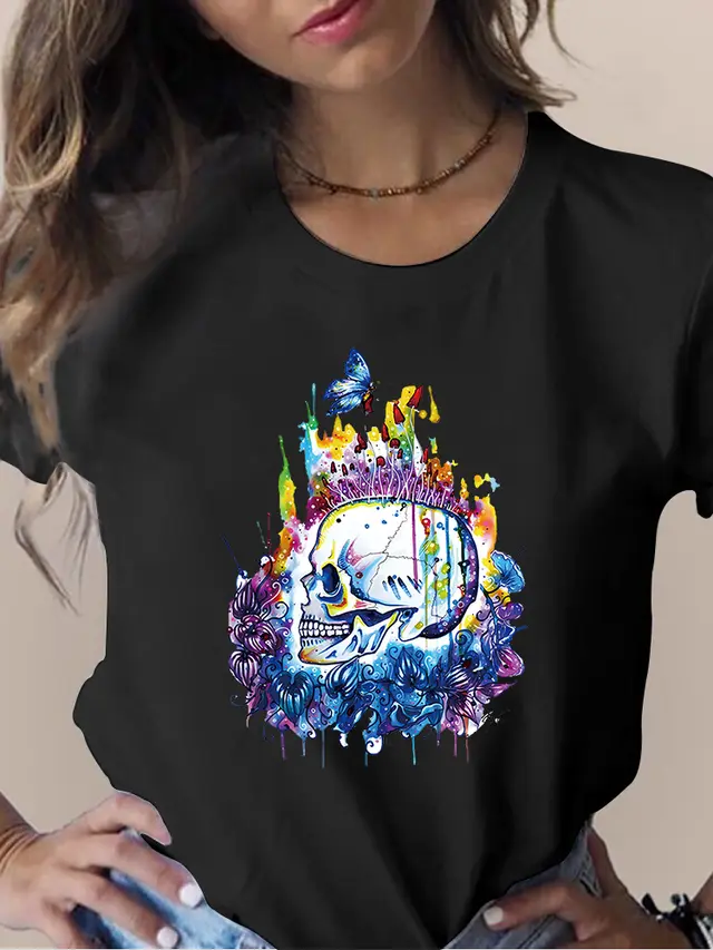 Women's Skull Flower Printed Round Neck Short Sleeve T shirt Black 4060 - Shop at LoveMi