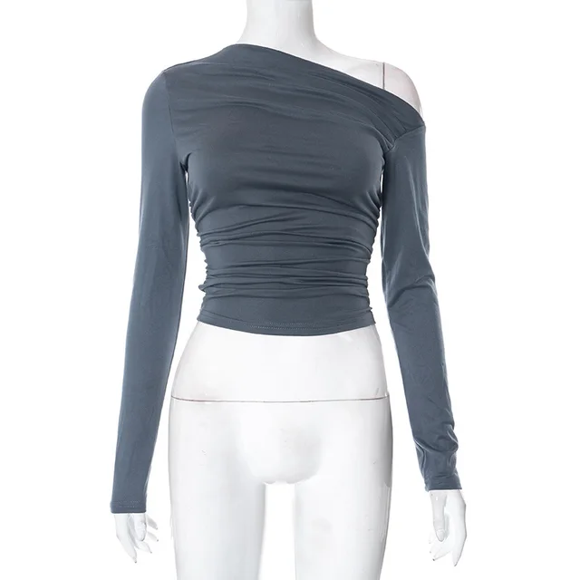 Women's Autumn And Winter New Long Sleeve One shoulder Cold shoulder Style Top Gray - Shop at LoveMi