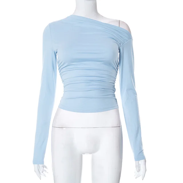 Women's Autumn And Winter New Long Sleeve One shoulder Cold shoulder Style Top Light Blue - Shop at LoveMi