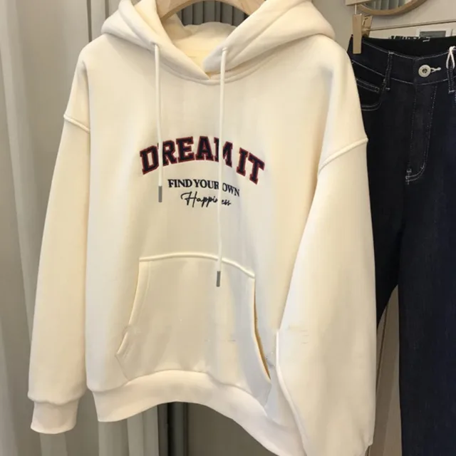 Autumn And Winter Fleece lined Thickened Hooded Sweatshirt Women's Loose Top Creamy White - Shop at LoveMi