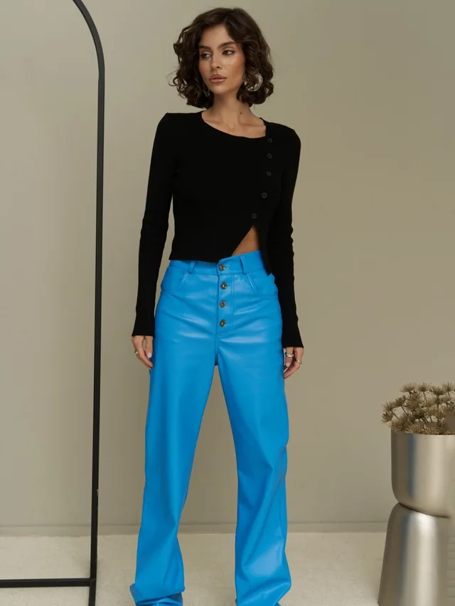 Straight Casual Button Leather Trousers For Women T3181 Blue - Shop at LoveMi
