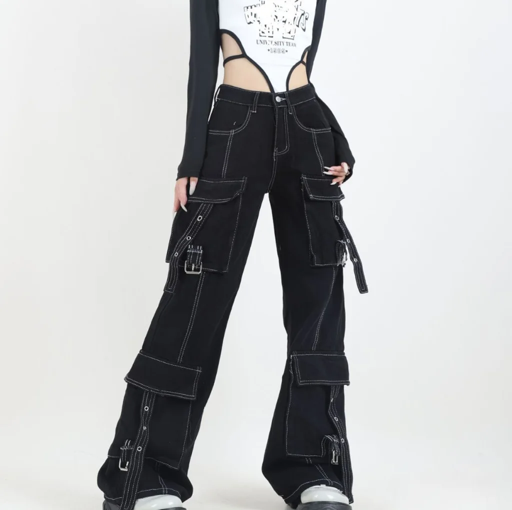 Multi Pocket Loose Straight Casual Pants - Black