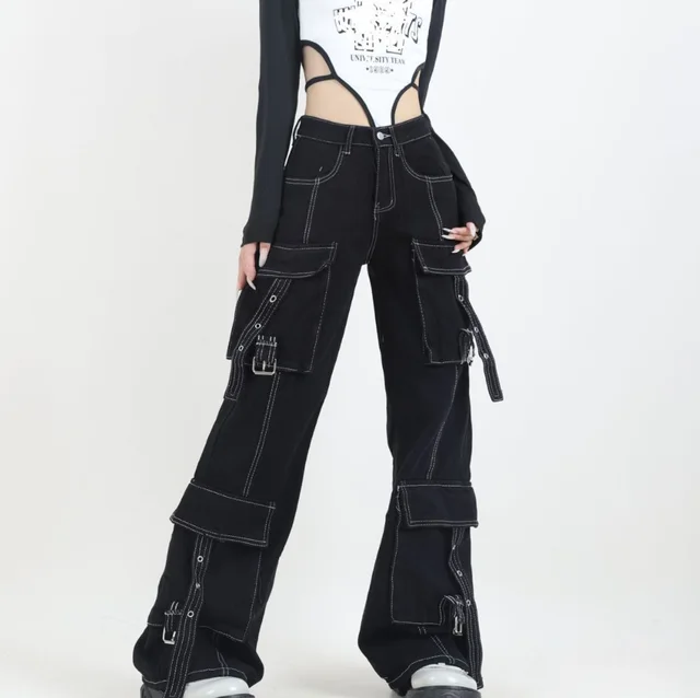 Multi Pocket Loose Straight Casual Pants Black - Shop at LoveMi