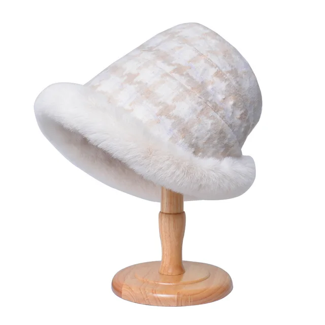 Houndstooth Ethnic Style Warm Thickened Bucket Hat Creamy White - Shop at LoveMi