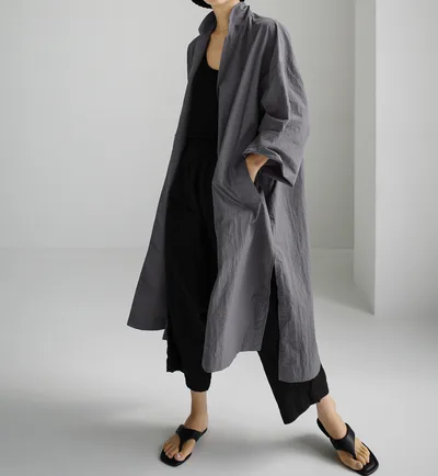Shirt Dress Overknee Long Split Bf Cotton Linen Trench Coat Smoky Gray - Shop at LoveMi