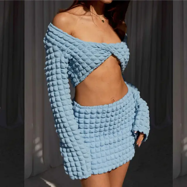 Bubble Plaid Twisted Sexy Hot Girl Long Sleeve Short Dress Two piece Set Yf8087 Blue - Shop at LoveMi