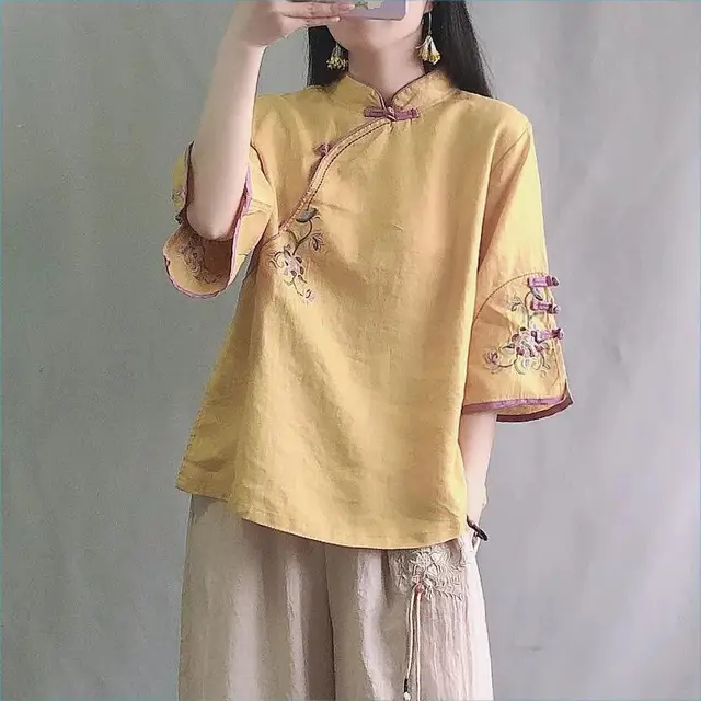 Women's Vintage Cotton Linen Shirt Standing Neck Button Middle Sleeve Top Yellow - Shop at LoveMi