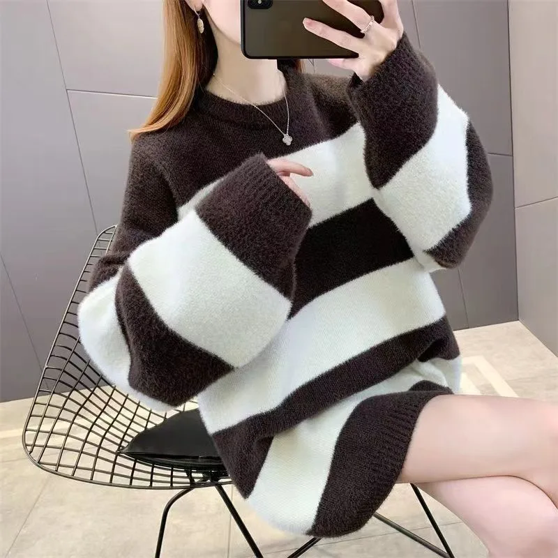 Loose Black And White Striped Color Matching Knitted Pullover Top Brown - Shop at LoveMi