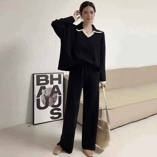 Contrast Color Pullover Loose Niche Casual Wide leg Pants For Women Knitting Suit Black - Shop at LoveMi