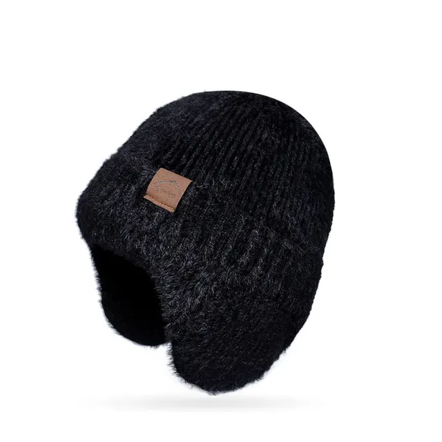 Winter Warm Plush Knitted Cold proof Earflaps Slipover Hat Black - Shop at LoveMi