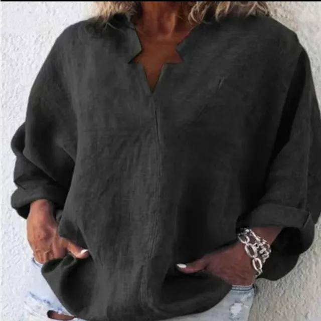 Solid Color Cotton And Linen Plus Size Long Sleeve Pullover Urban Leisure Mid length V neck Shirt Black - Shop at LoveMi
