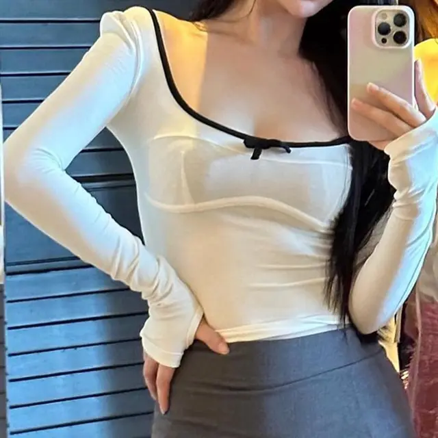 Women's Fashion Round Neck Bowknot Hollow Contrast Color Long Sleeves White - Shop at LoveMi