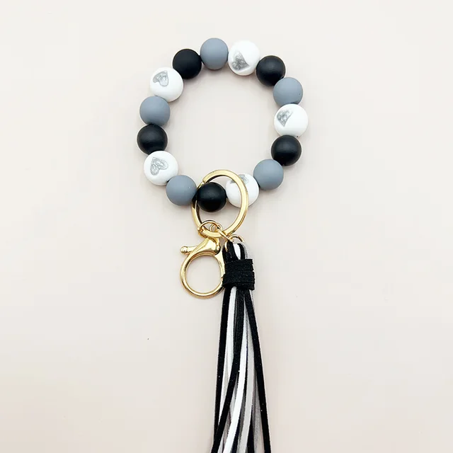 Cross border Korean Velvet Tassel Cute Small Peach Heart Silicone Beads Bracelet Keychain Female Bracelet Car Suitcase Hanger Gray Little Love - Shop at LoveMi