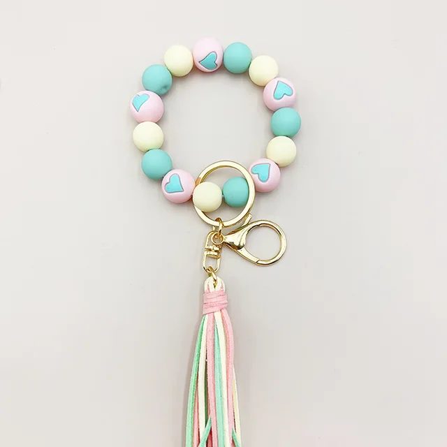 Cross border Korean Velvet Tassel Cute Small Peach Heart Silicone Beads Bracelet Keychain Female Bracelet Car Suitcase Hanger Green Little Love - Shop at LoveMi