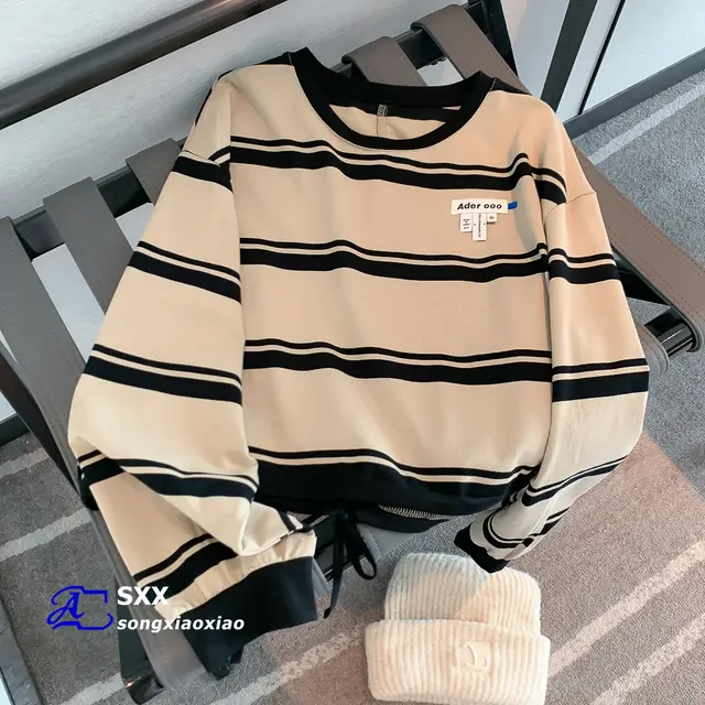 Short Top Women's Loose Niche Stripes Khaki - Shop at LoveMi