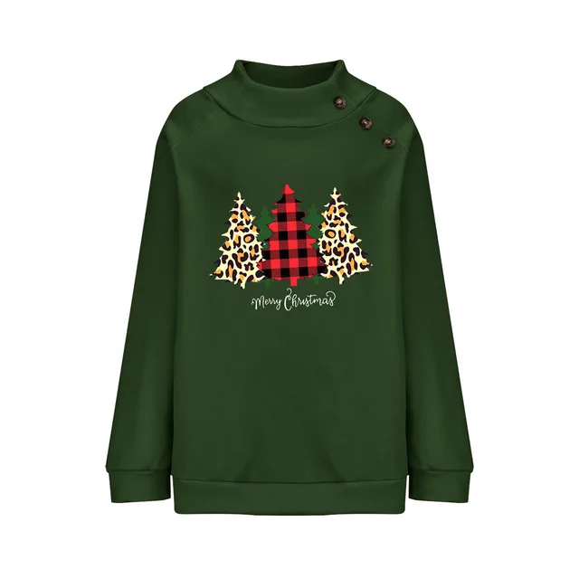 High Round Neck Button Christmas Loose Long Sleeve Sweatershirt Women Green - Shop at LoveMi