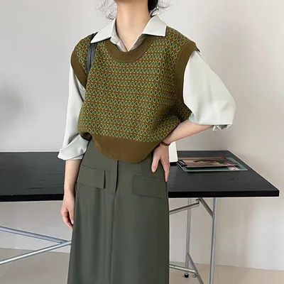 Retro Diamond Plaid Knitted Sleeveless Stacked Vest Jacket Stuffy Green - Shop at LoveMi