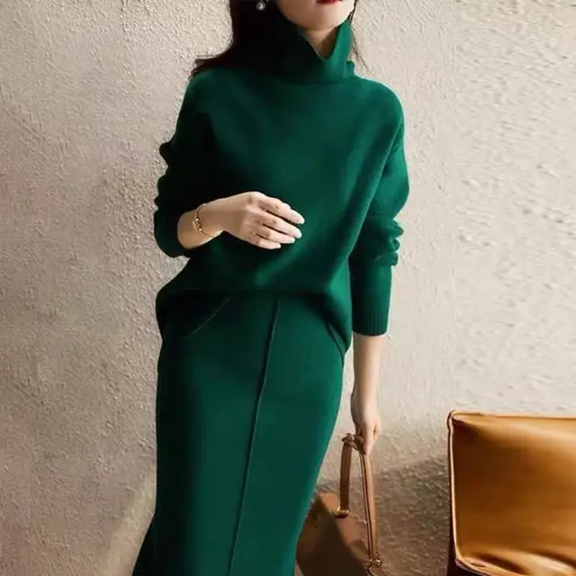 French Socialite Graceful And Fashionable Sweater Set Women's Sweater Skirt Turtleneck Two piece Set Green - Shop at LoveMi