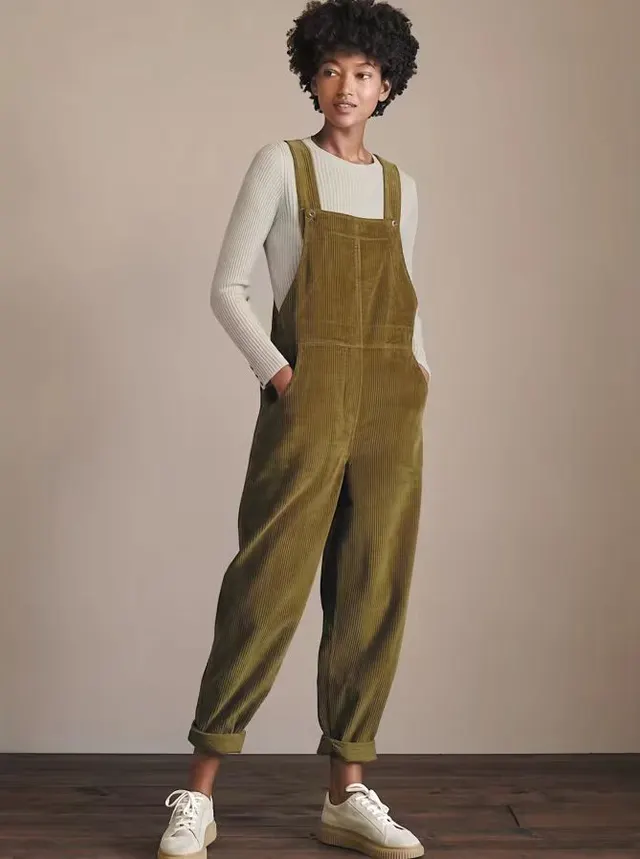 Corduroy Bib Overalls With Buttons And Pockets Fashion Casual Jumpsuit Loose Straight Pnats For Women Khaki - Shop at LoveMi