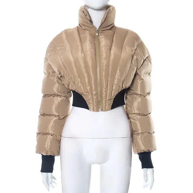 New Solid Color Casual Polo Collar Long sleeve Zipper Slim Fit Midriff baring Jacket Brown - Shop at LoveMi