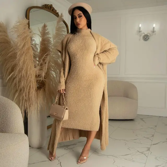 Autumn And Winter Elegant Dress Long Cardigan Velvet Two piece Suit Khaki Green - Shop at LoveMi