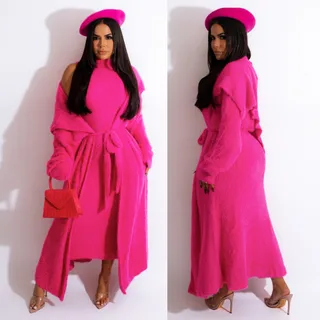 Autumn And Winter Elegant Dress Long Cardigan Velvet Two-piece Suit - Rose Red