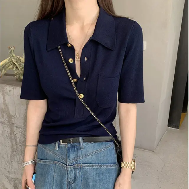 Ice Silk Knitted Short Sleeve T shirt Women's Summer Picture - Shop at LoveMi