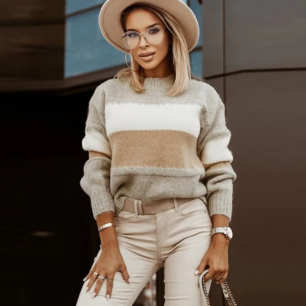 Striped Color Matching For Women European And American Leisure Round Neck Long sleeved Sweater Photo Color - Shop at LoveMi