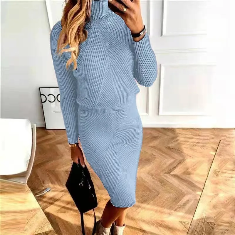 Turtleneck Knitting Solid Colour Suit Skirt - Shadow Blue