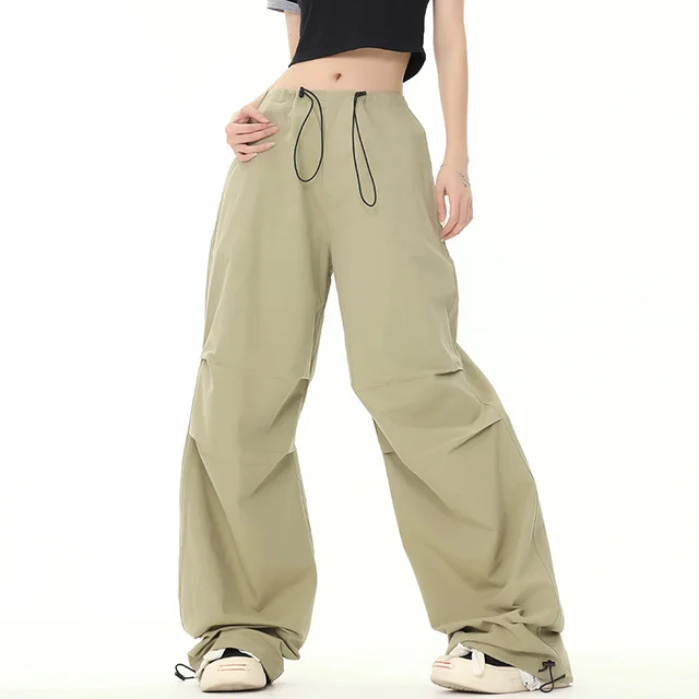 Gray Loose Casual Wide Leg Charge Paper Bag Pants Army Green - Shop at LoveMi